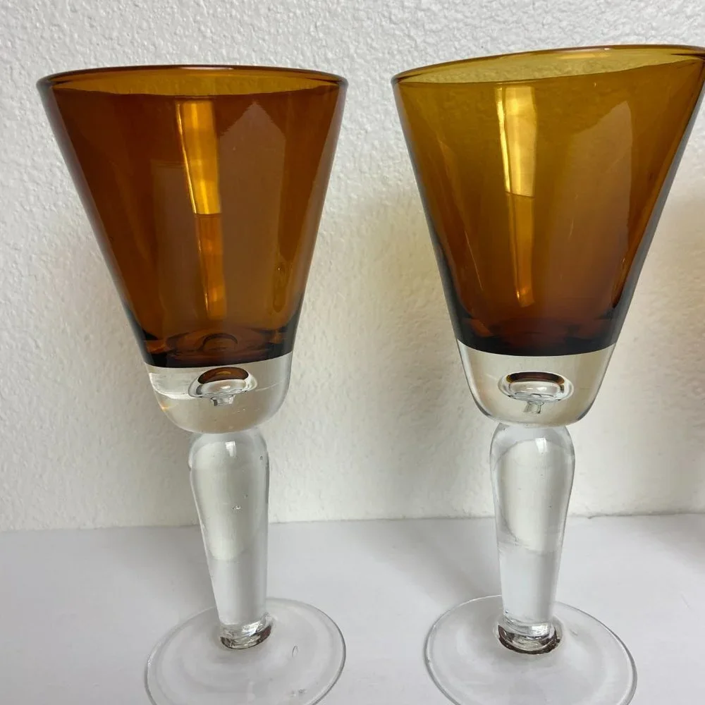 VTG 1970 Honey Amber Hand blown Stemmed Wine Goblet Glasses 9